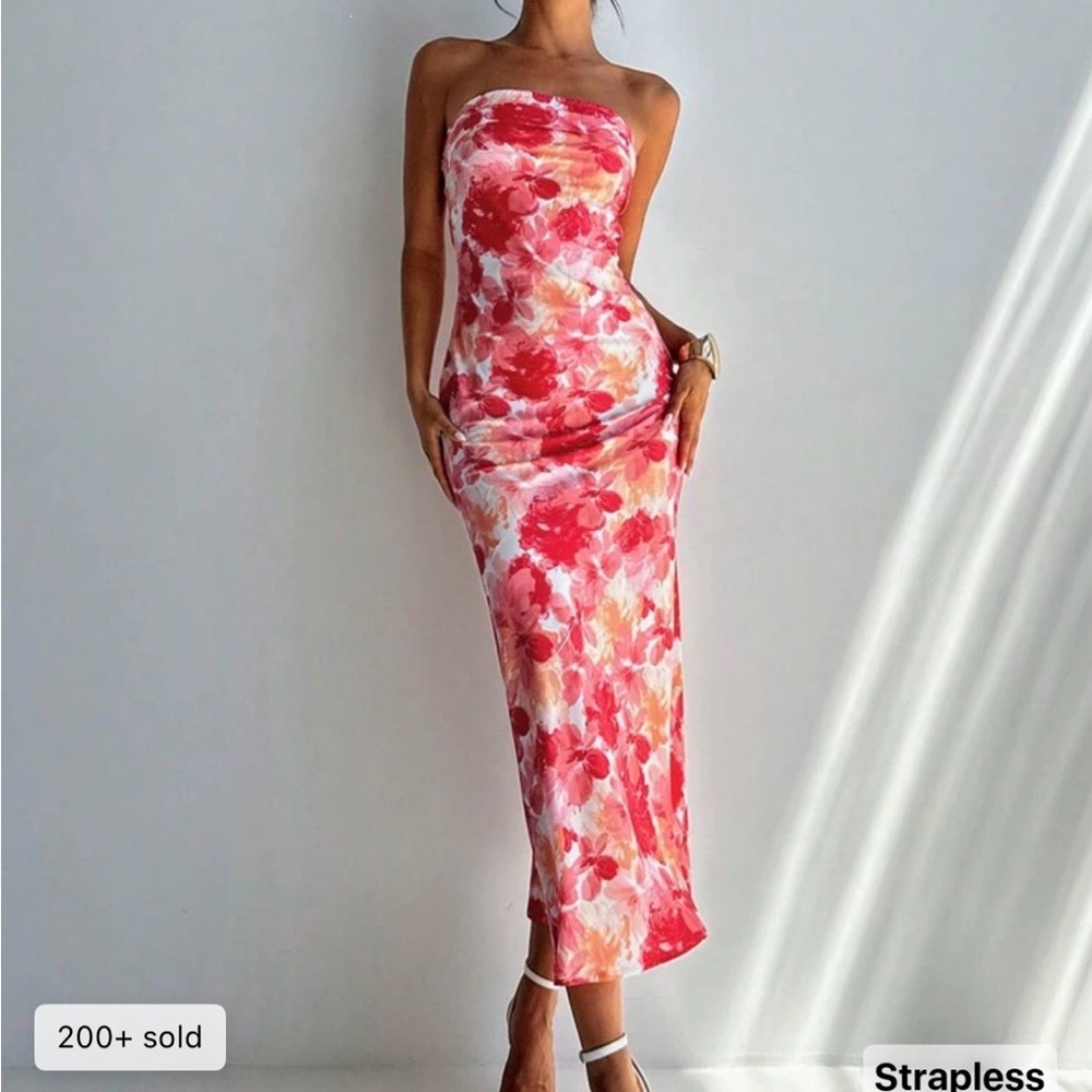 Strapless Floral Midi Dress in Pink and Red